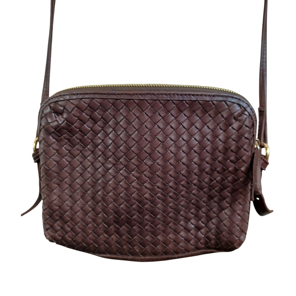 Margot Brown Woven Leather Crossbody Camera Bag Gold Hardware Adjustable Strap
